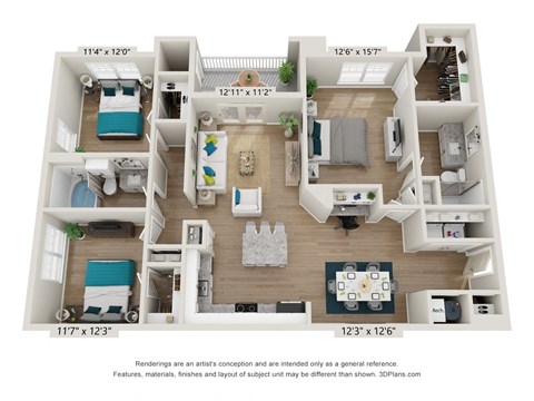 Floor plan for 3 beds, 2 baths, 1413 sqft